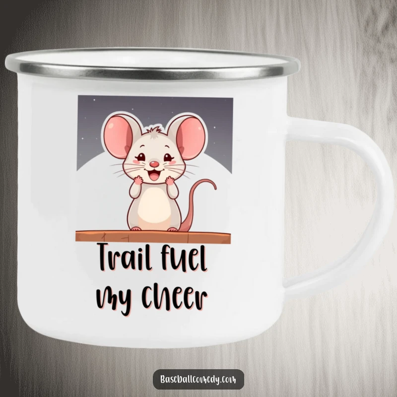 Funny camping mug with a curious mouse cheering from a baseball dugout, ideal for outdoor enthusiasts and comical support.