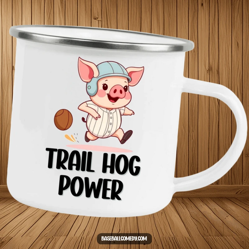 Funny pig wearing a helmet, comically running the bases with massive strides, designed for outdoor use on this durable camping mug.