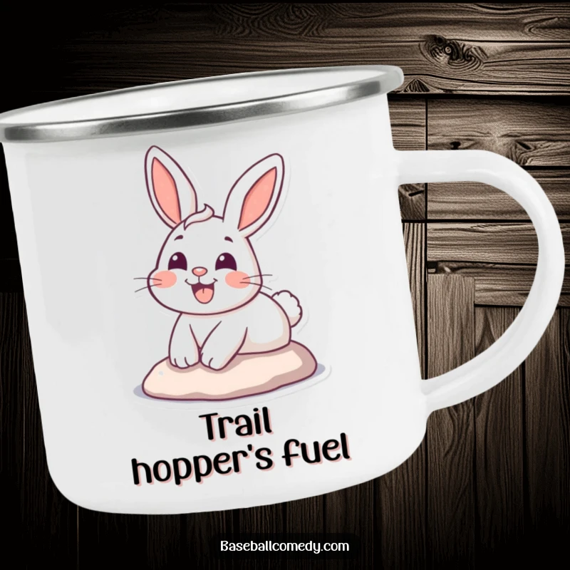 Funny camping mug with a happy cartoon bunny rabbit sliding into home plate with a big grin, ready for campfire stories.