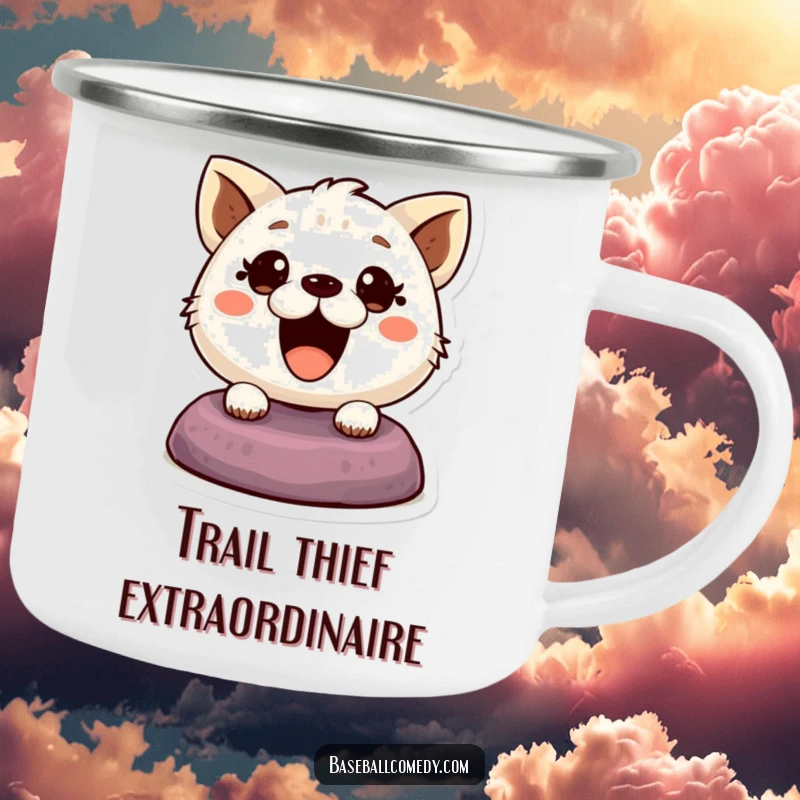 Funny camping mug featuring a cute animal with excited eyes, stealing a base, symbolizing adventure and playful spirit.