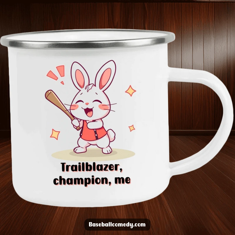 Funny rabbit camping mug illustrating an excited bunny hitting a home run with a cheer, perfect for outdoor fun.