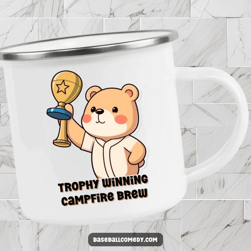 Funny bear camping mug illustrating a proud bear triumphantly holding a baseball trophy, perfect for outdoor celebrations.