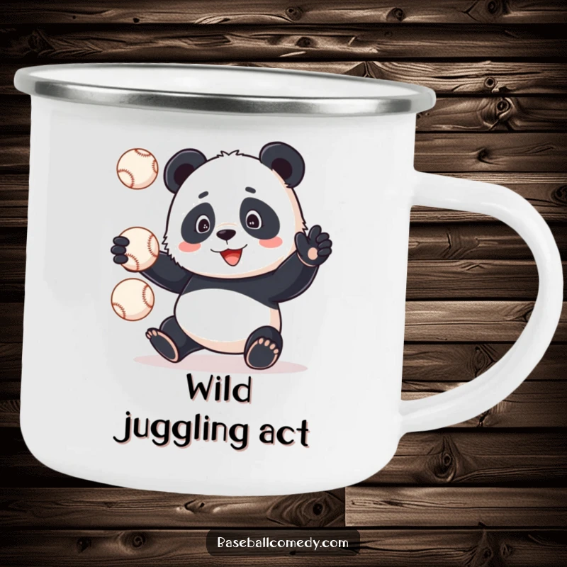 Funny panda attempting to juggle baseballs in a wilderness setting, speckled camping mug, durable and amusing.