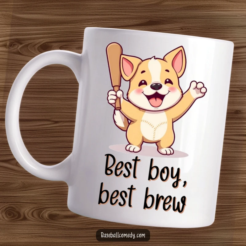 Funny dog mug featuring a proud dog with a wagging tail celebrating a home run, perfect baseball gift.
