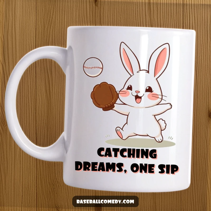Funny mug depicting a determined rabbit expertly catching a baseball with a glove, celebrating focus and humor.