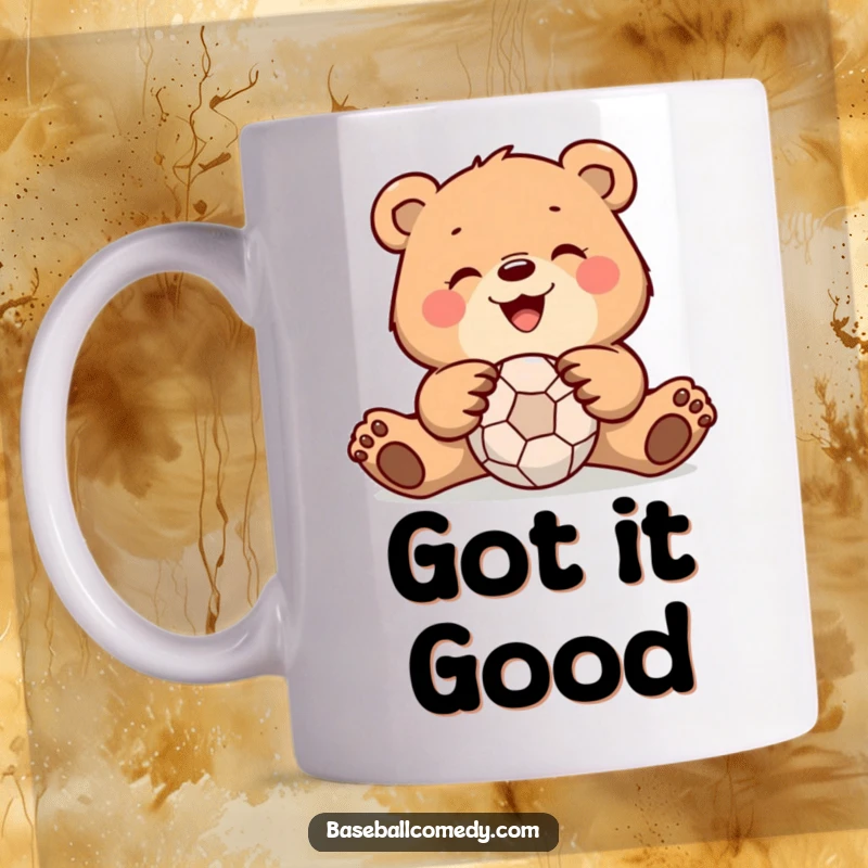 Funny bear mug with a smiling bear expertly catching a ball with its paws, showcasing playful athleticism and humor.