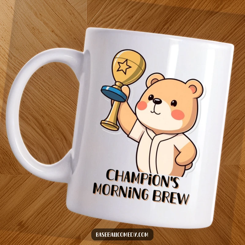Funny bear champion mug featuring a proud grizzly holding a baseball trophy high in a triumphant victory pose.