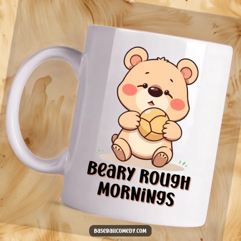Funny goofy bear missing a baseball catch, the ball bouncing off its nose, depicted on a humorous mug.