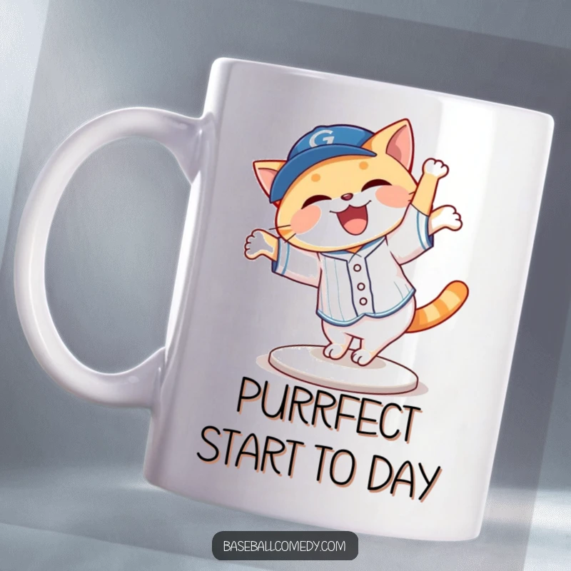 Funny giggling cat in a baseball uniform doing a cartwheel off first base, on a mug, hilarious gift.