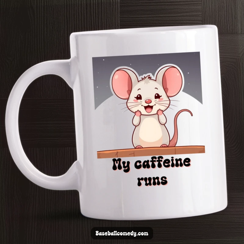 Funny mug featuring a curious mouse ecstatically cheering from a baseball dugout, radiating pure, comical excitement.