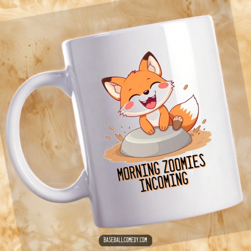 Funny fox sliding mug, a mischievous fox sliding into a base with dirt flying and a huge grin, celebrating a successful play fast.