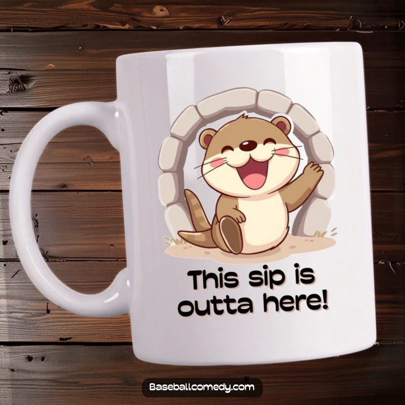 Funny otter mug, excitedly sliding into home base with a wide grin, celebrating a baseball run.