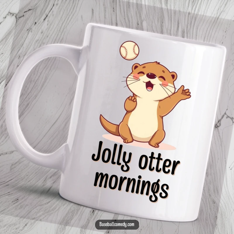 Funny mug featuring a happy cartoon otter playfully juggling multiple baseballs in the air with agility and joy.