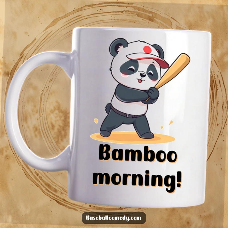 Funny mug with a playful panda joyfully swinging a bat and hitting a grand slam home run.