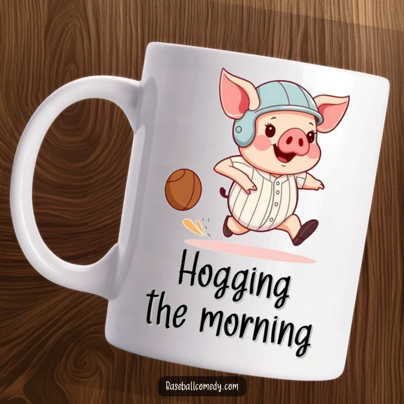 Funny pig wearing a helmet, comically running the bases with enormous strides, celebrating a baseball game win.