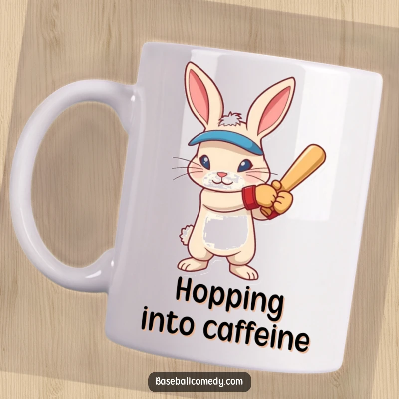 Funny rabbit wearing batting gloves, intense focus, ready to swing a baseball bat, depicted on a humorous mug.