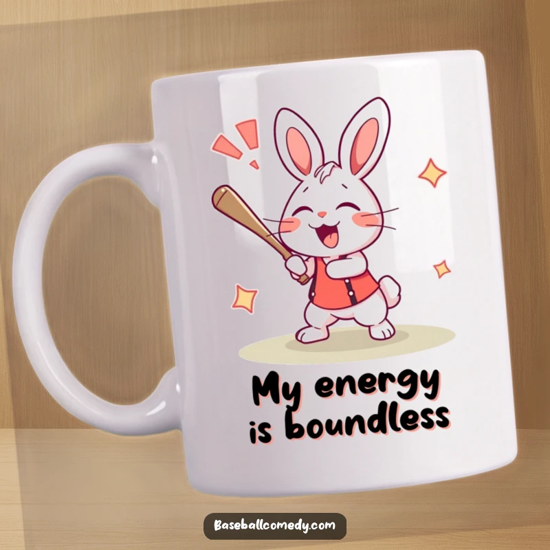 Funny rabbit mug showing an excited bunny triumphantly hitting a home run with a loud, cheerful shout.