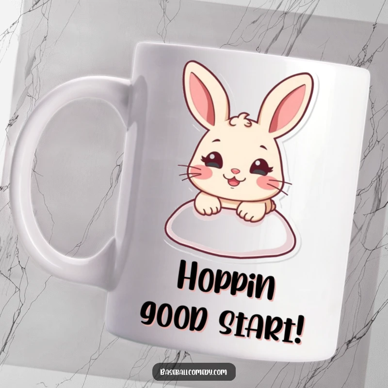 Funny mug with a cheerful cartoon rabbit sliding headfirst into a baseball base, full of playful energy.