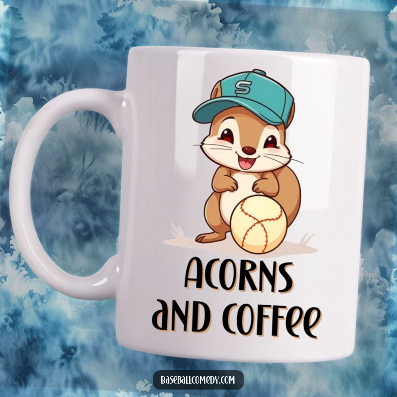 Funny squirrel baseball mug, a squirrel in a cap excitedly fields a ground ball with its paws, showing focus and athletic skill.