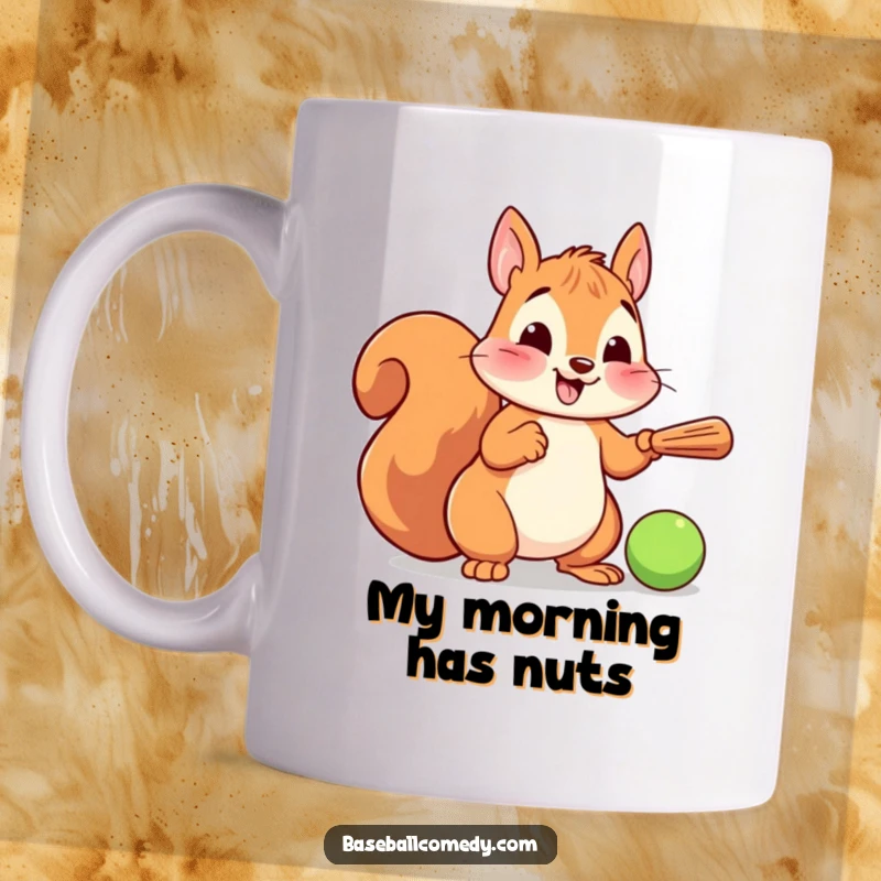 Funny mug featuring a cheerful cartoon squirrel in mid-swing, batting a baseball with a tiny bat, ready for a playful game.