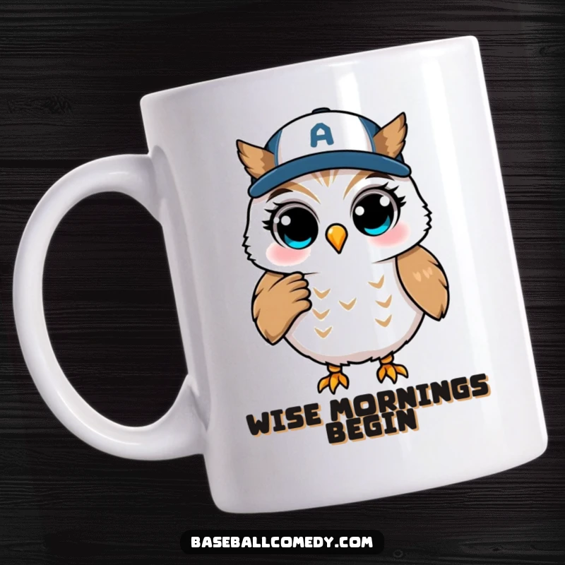 Funny mug with a winking owl acting as a baseball coach at first base, offering comical wisdom and sly advice.