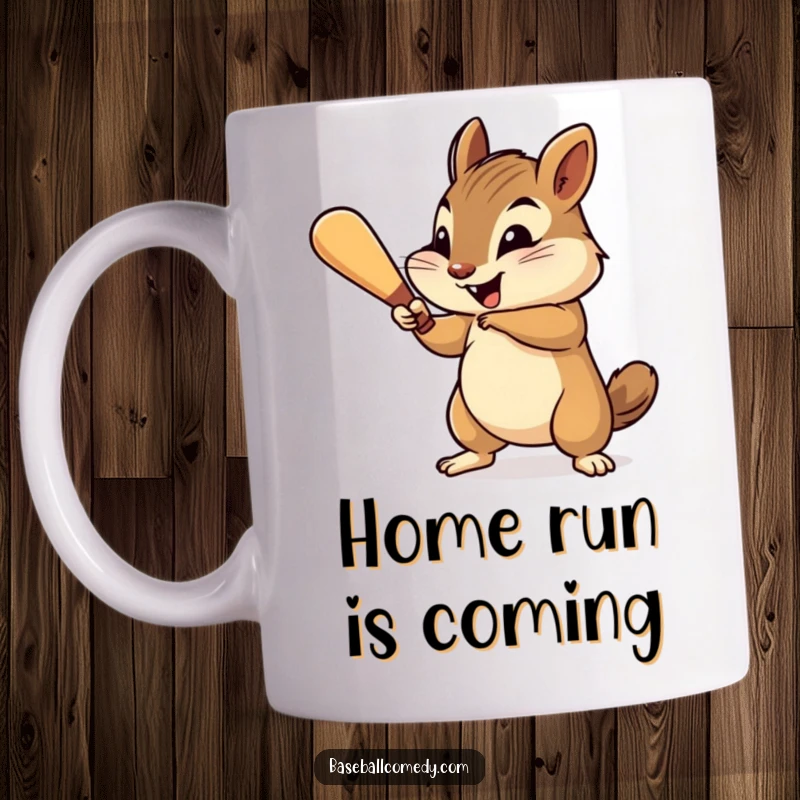 Funny chipmunk mug, cheerfully swinging a tiny baseball bat with gusto, ready to hit a home run.