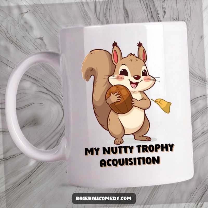 Funny mug: A joyful squirrel in a huge baseball mitt expertly snags a massive acorn, embodying comic sports enthusiasm.