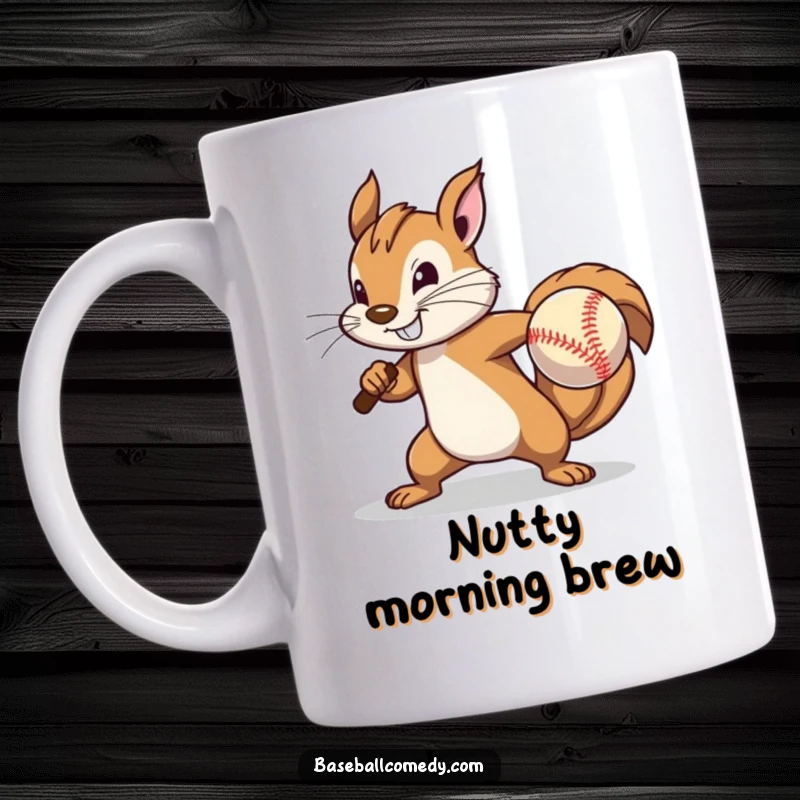 Funny Mug: A determined squirrel strains with great effort to pitch a baseball, showing intense focus.