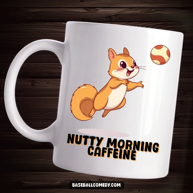 Funny squirrel mug showing a squirrel leaping high to catch a fly ball, perfect for baseball and wildlife enthusiasts.