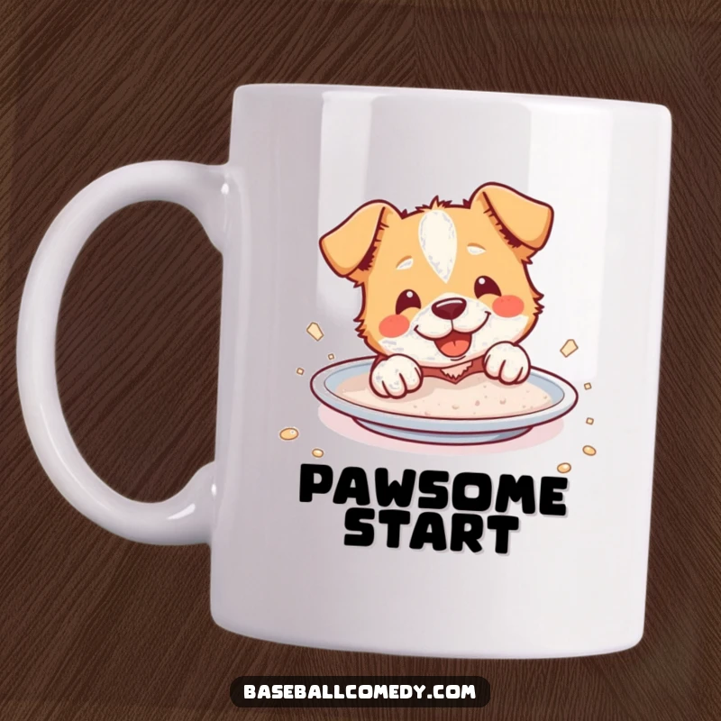 Funny Mug: A cheerful dog slides into home plate, covered in dust, embodying playful determination and success.