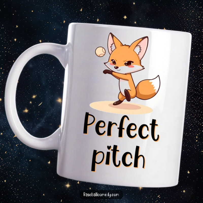 Funny fox mug showing a determined fox in the act of perfectly pitching a baseball, conveying focus and playful athleticism.