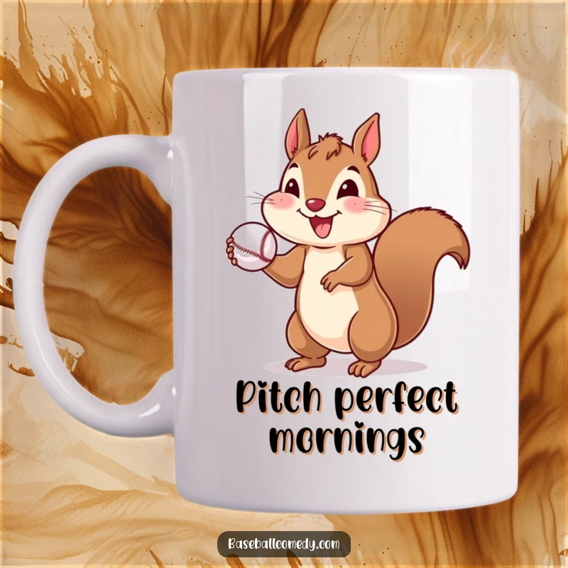 Funny mug featuring a cheerful squirrel enthusiastically throwing a small baseball, perfect for sports fans.