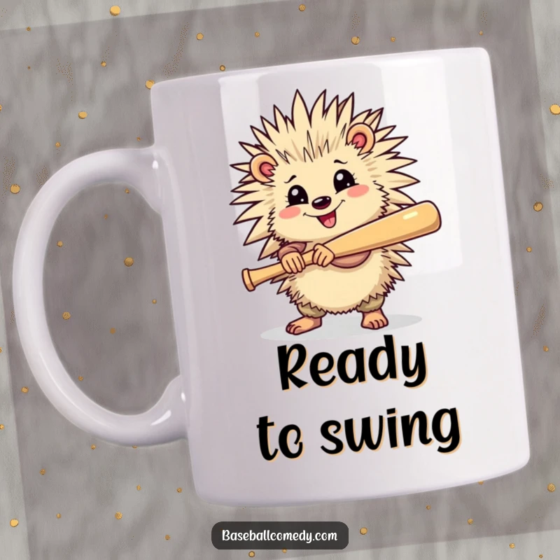 Funny mug featuring a cheerful porcupine holding a baseball bat, ready to take a mighty swing.