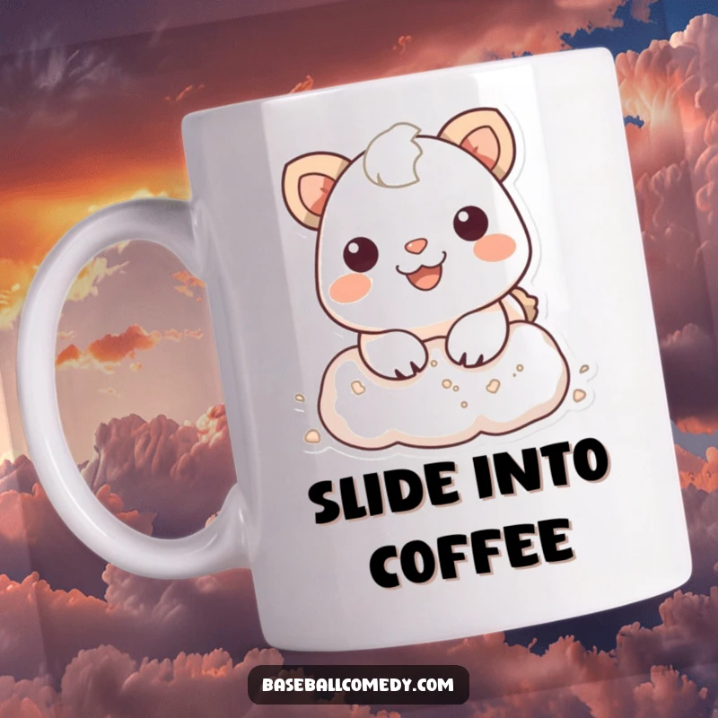 Funny Mug: Smiling animal sliding into a baseball base, creating a dusty puff, showcasing joy and athleticism.