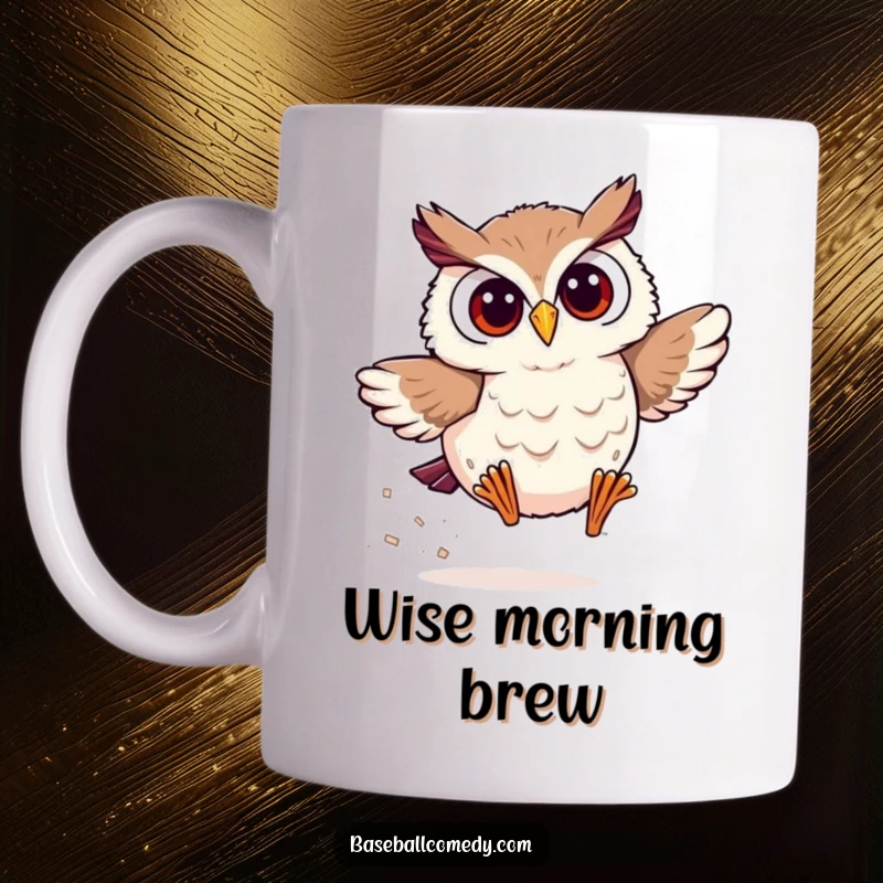Funny owl mug showing a smiling owl rounding the bases with surprising speed, great for baseball fans and owl lovers.