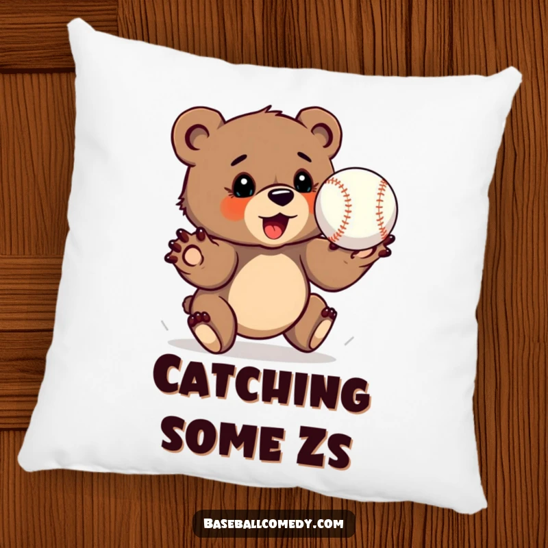 Funny bear cub pillow, determinedly catching a baseball with outstretched paws, cozy catcher cushion.
