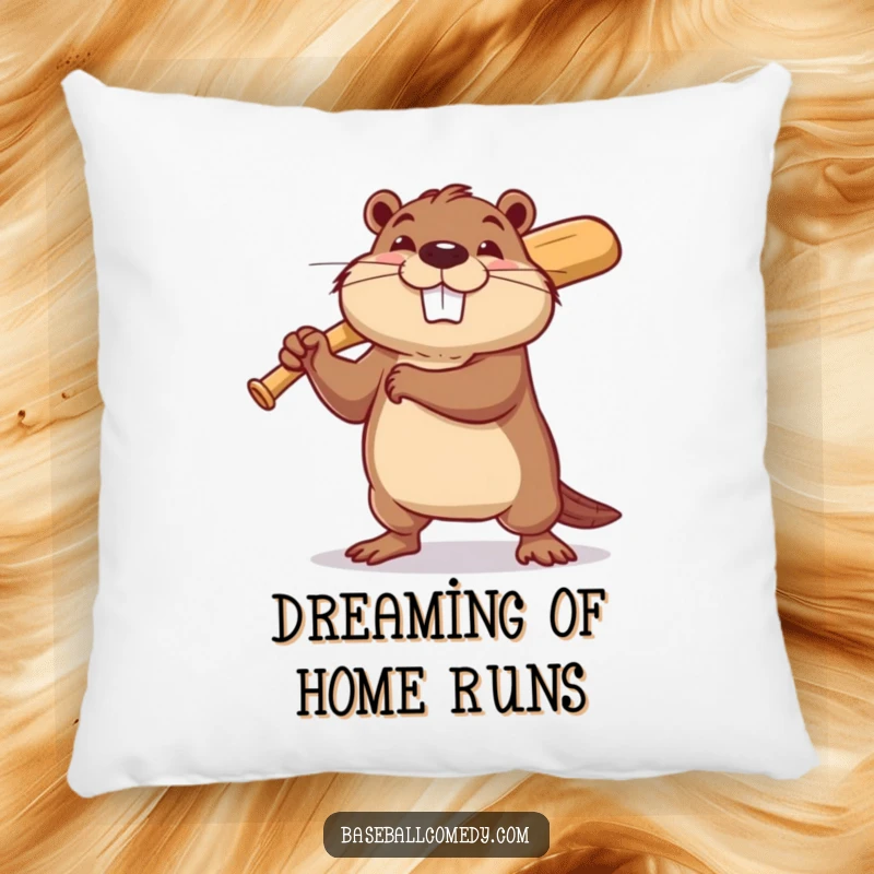 Funny beaver baseball pillow featuring a determined beaver swinging a tiny baseball bat with a hopeful grin, ideal for sofas.