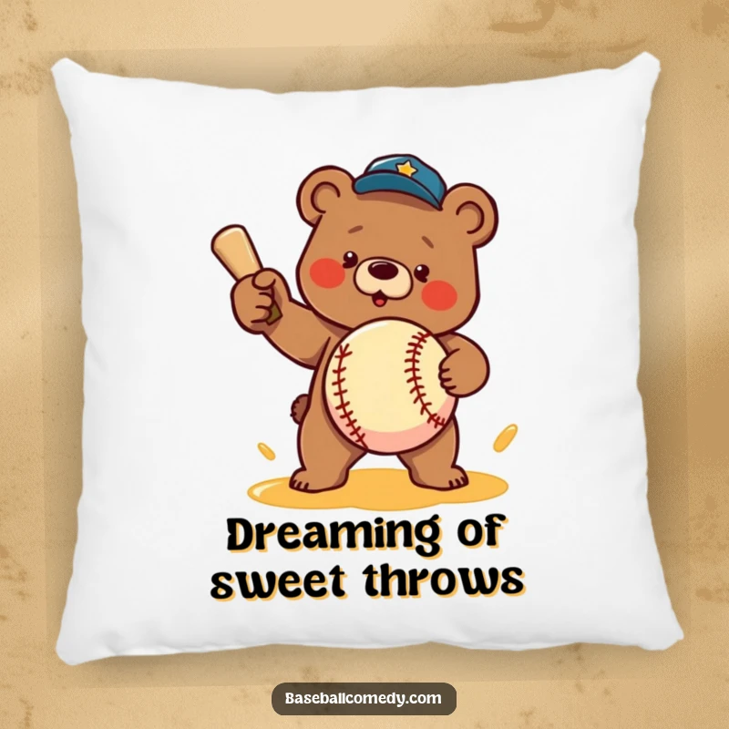 Funny pillow: A dedicated bear character throws a baseball made of honey, a soft and humorous decorative item.