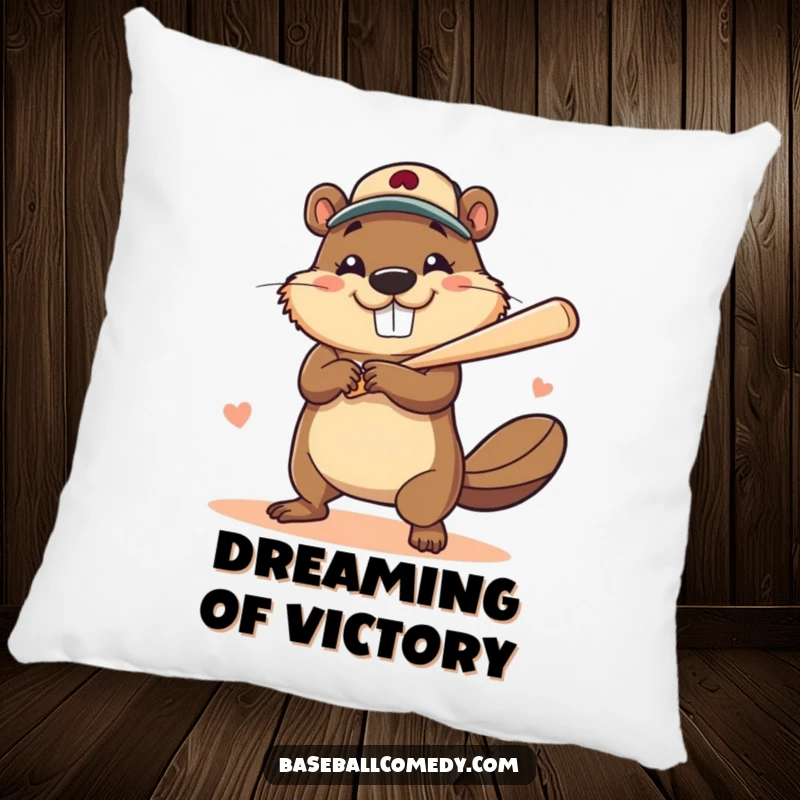 Funny pillow showcasing a brave beaver with a wide, happy smile hitting a baseball home run, a cozy addition.
