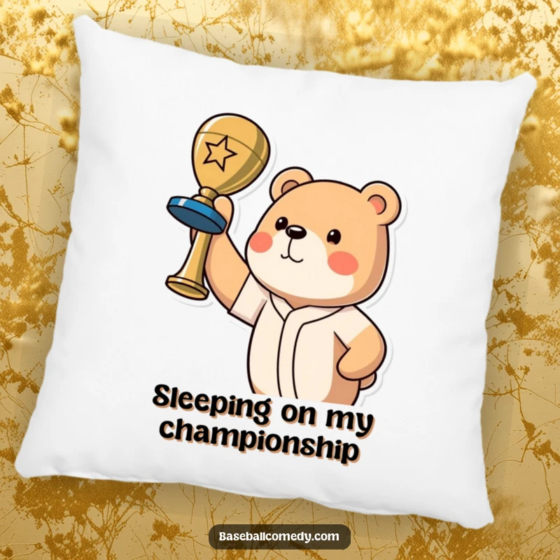 Funny bear champion pillow depicting a proud bear holding a baseball trophy, celebrating victory with triumphant joy.