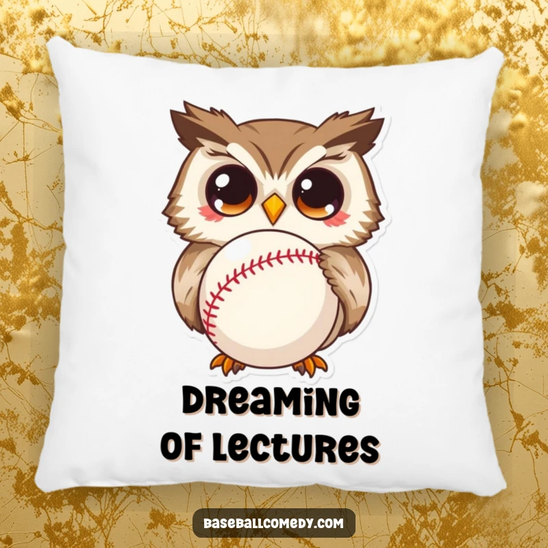 Funny pillow featuring a curious owl with exaggerated wide eyes looking at a baseball, adding a humorous touch.