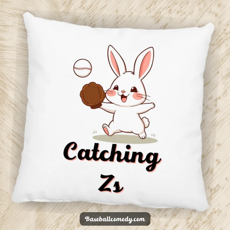 Funny pillow showcasing a determined rabbit catching a baseball, perfect for adding humorous comfort.