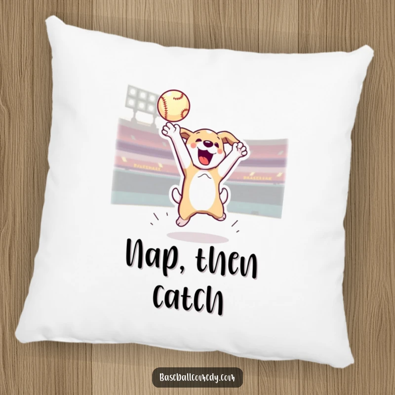 Funny pillow featuring an energetic dog jumping to catch a home run baseball, a soft and spirited addition.