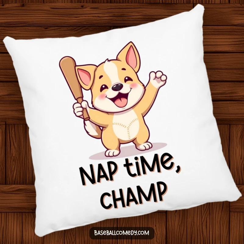 Funny dog pillow with a proud dog celebrating a home run, comfortable baseball-themed decor for proud pup owners.