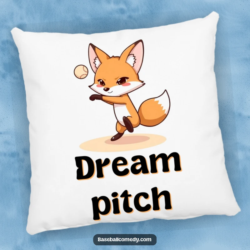Funny fox pillow showing a determined fox pitching a baseball, offering humorous sports comfort and a witty decor piece.