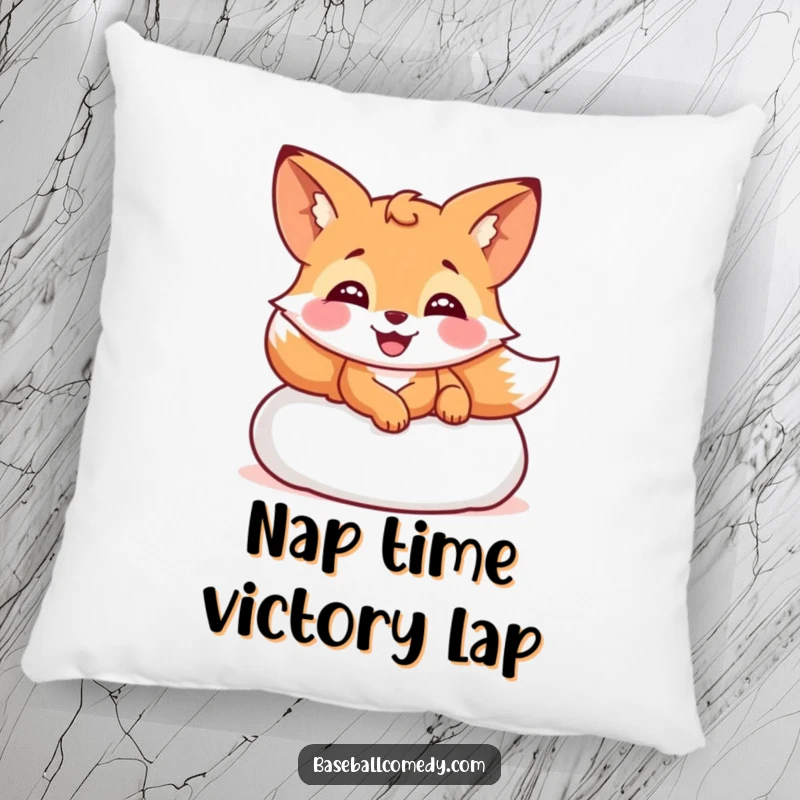 Funny pillow illustration of a giggling fox sliding into a baseball base, adding humor to any room.