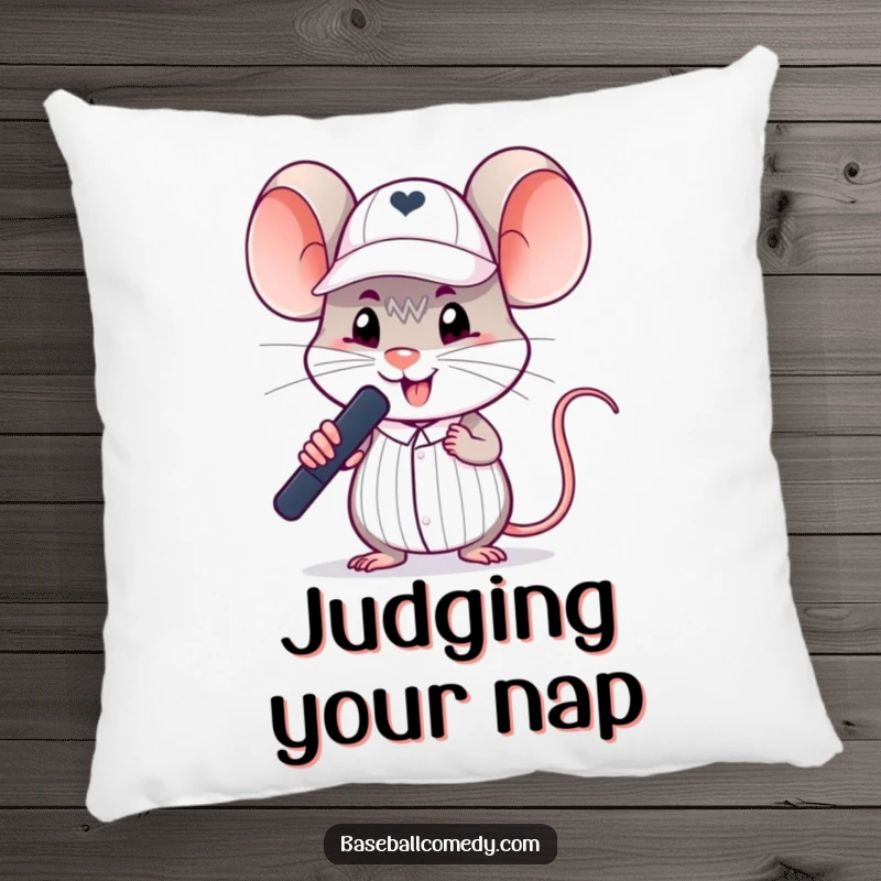 Funny mouse pillow depicting a silly rodent in a tiny umpire cap, making a baseball call with playful authority.