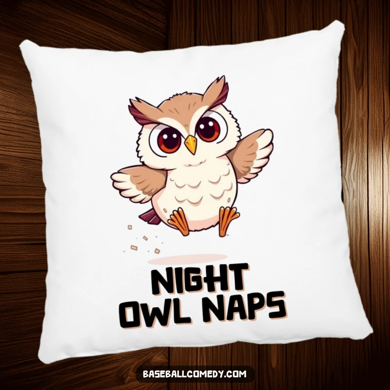 Funny owl pillow showing a smiling owl rounding the bases with surprising speed, comfortable and humorous baseball decor.