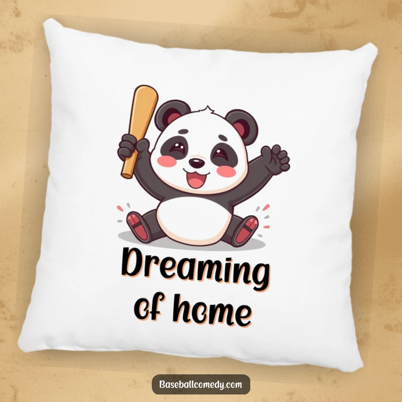Funny pillow with a playful panda sliding into home plate with a triumphant smile, a cozy baseball-themed decoration.