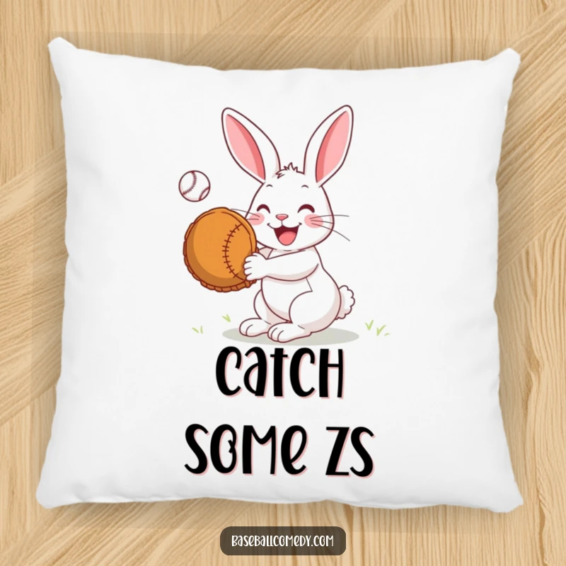 Funny Pillow: A joyful rabbit catches a baseball with an oversized mitt, offering a soft and humorous decorative touch.